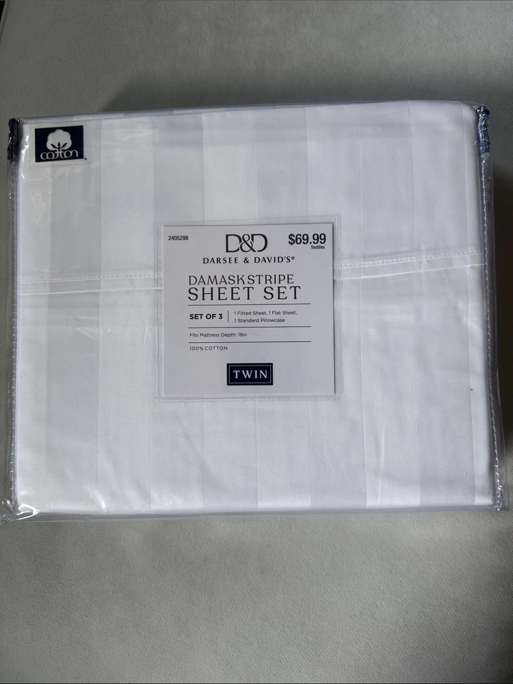 Twin Sheet Set 100% Cotton 400 tc Damask Stripe White